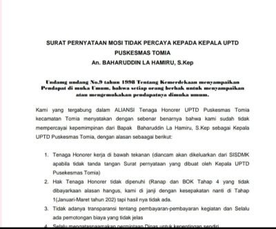 Beredar Pernyataan Mosi Tidak Percaya Terhadap Kepala UPTD Puskesmas Tomia Wakatobi